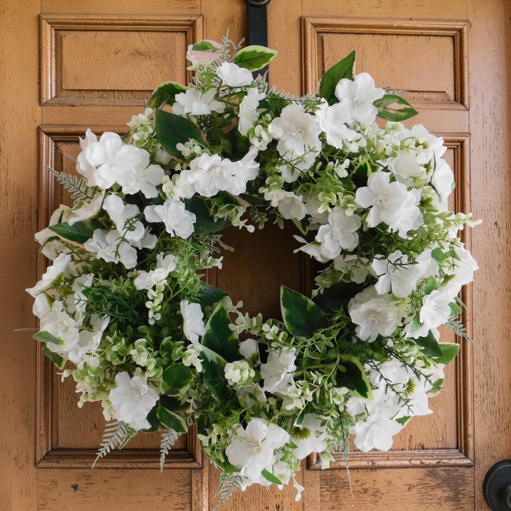 White Flowers with Greenery Wreath for Front Door Spring & Summer Wreath‎